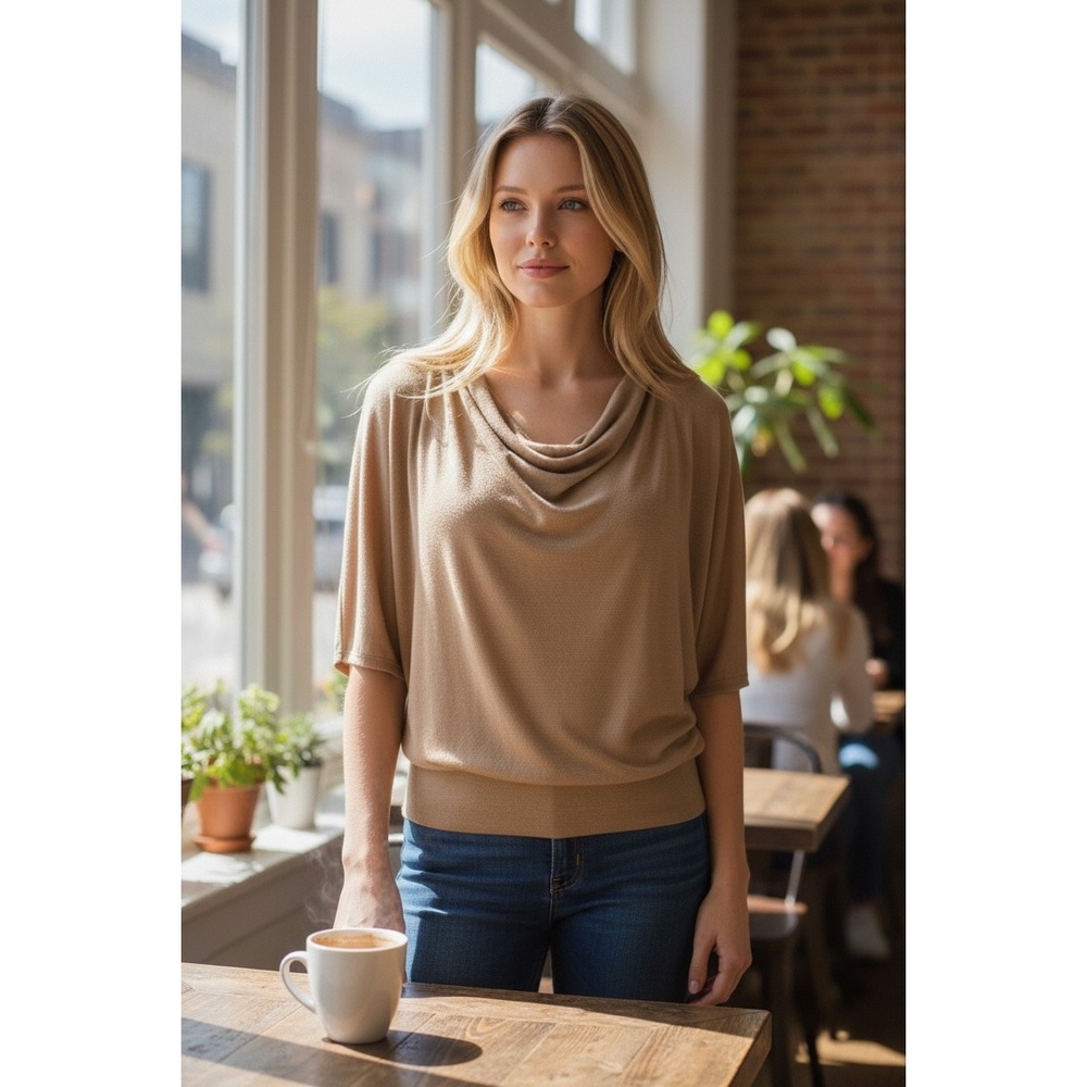 NEW New York & Company Women's Cowl Neck Dolman Sleeve Blouseโ Brown Size XS NWT